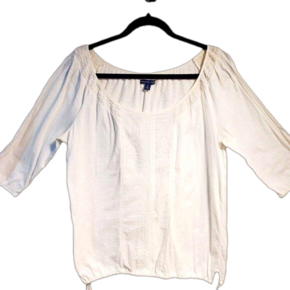 AMERICAN EAGLE Cotton Blouse with Smocking and Decorative Detailing & Side Ties